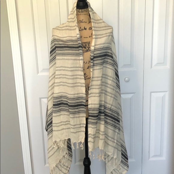KISA Accessories - KISA Cream/Black Striped Scarf/Wrap with Fringe